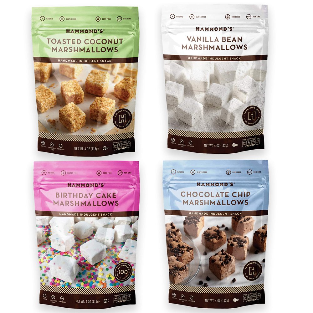 Hammond's Candies | Gourmet Variety Pack Marshmallows | 4 Bags, Great for Snacking | Hot Chocolate, Smores and Homemade Brownies | Small Batches | Handcrafted in the USA