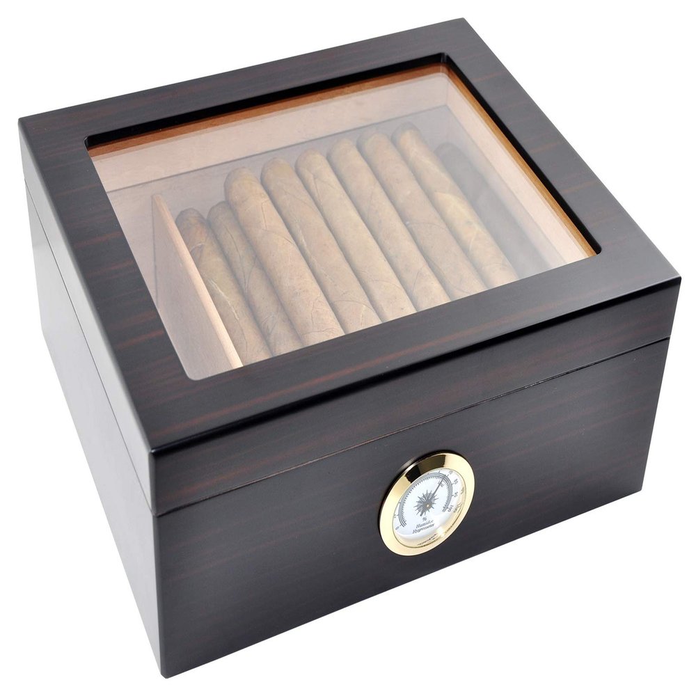 DUCIHBA Premium Cigar Humidor - Holds 25-50 Cigars, Spanish Cedar Wood with Ebony Black Finish, Shatter-Resistant Glass Top, Built-In Hygrometer, Humidifier & Divider Included - 10.25" x 8.75" x 4.5"