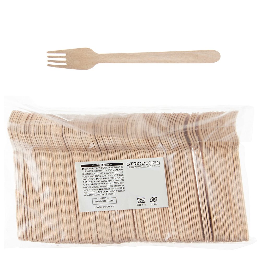 Strix Design SD-040 Wooden Forks, 100 Pieces, Natural Wood, 6.2 inches (15.8 cm), Unbleached, Commercial Use, Disposable, Outdoor, Cafe, Events, White Birch, Stylish