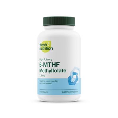 Fresh Nutrition L Methylfolate 7.5mg  Maximum Potency  Superior Bioavailability  5-MTHF Methyl Folate for Mood, Cognition, Immunity, Cardiovascular, Neurological, Reproductive Health - 60 Capsules