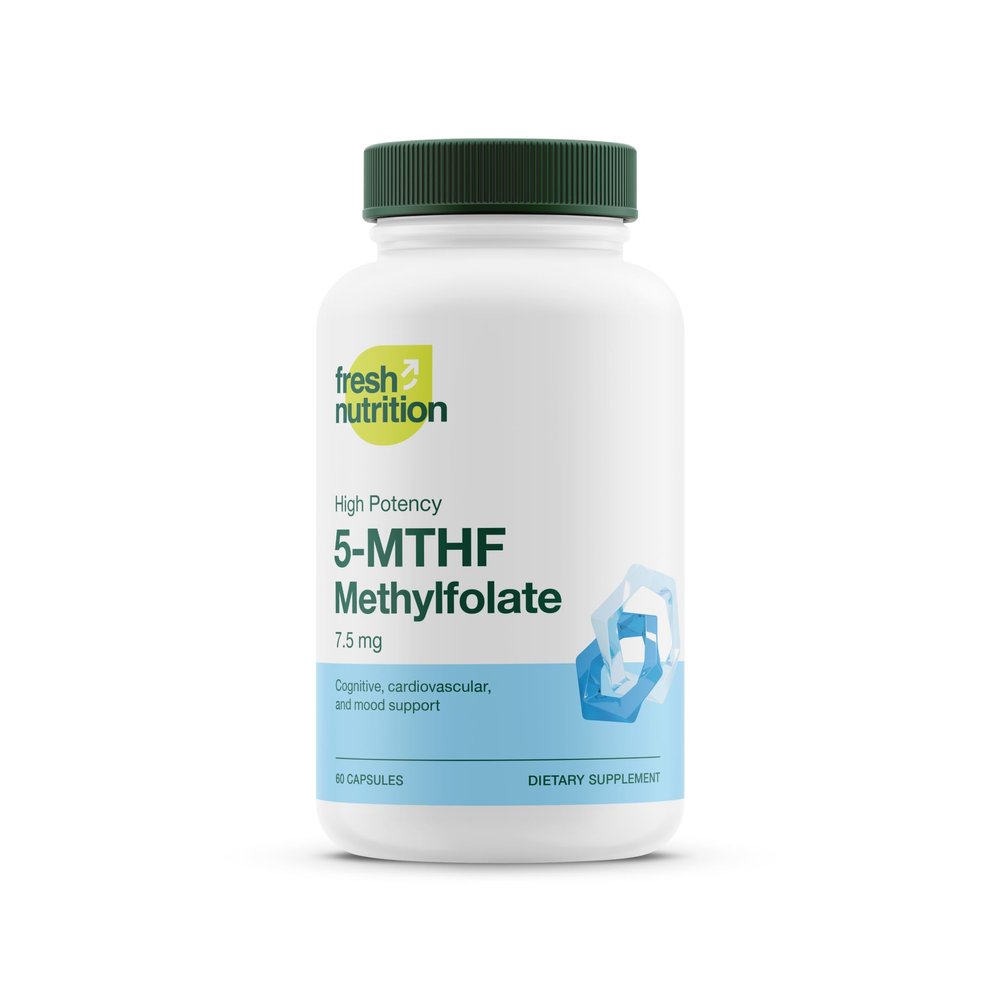 Fresh Nutrition L Methylfolate 7.5mg Maximum Potency Superior Bioavailability 5-MTHF Methyl Folate for Mood, Cognition, Immunity, Cardiovascular, Neurological, Reproductive Health - 60 Capsules