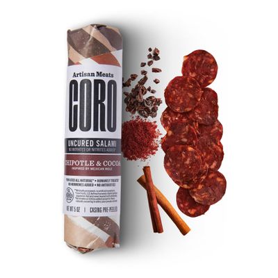 Coro Uncured Chipotle & Cocoa Artisan Salami Stick 5oz | Cocoa, Cinnamon & Chipotle | Perfect for Charcuterie Boards, Snacking, Holiday Gifts | All Natural, Gluten-Free, No Added Nitrates & Nitrites