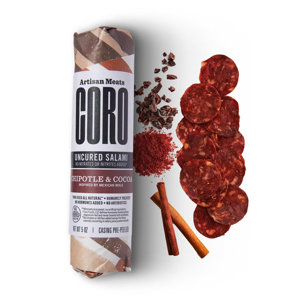 Coro Uncured Chipotle & Cocoa Artisan Salami Stick  5oz | Cocoa, Cinnamon & Chipotle | Perfect for Charcuterie Boards, Snacking, Holiday Gifts | All Natural, Gluten-Free, No Added Nitrates & Nitrites