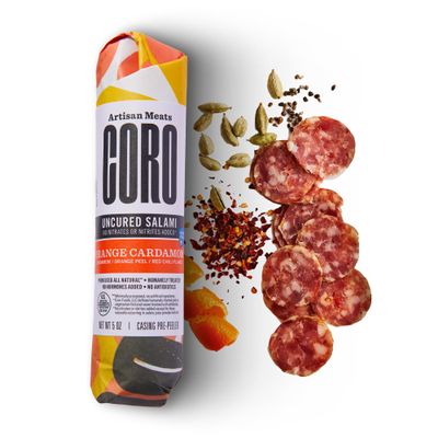 Coro Cardamom & Orange Uncured Artisan Salami Stick 5oz | Orange Peel, Cardamom & Chili Flakes | Perfect for Charcuterie Boards, Snacking, Holiday Gifts | All Natural, Gluten-Free, No Added Nitrates & Nitrites