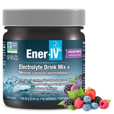Ener-IV Electrolyte Drink Mix - Electrolytes Powder, Hydration Powder Drink, Hydrate Liquid Mix, Low Sugar Rehydration for Women & Men, Natural Flavors, Non GMO - Mixed Berry, 45 Servings