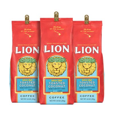 Lion Coffee 3-Pack Toasted Coconut Flavored Light Roast Ground Coffee, A Taste of Aloha - 10 Ounce Bags (Pack of Three)