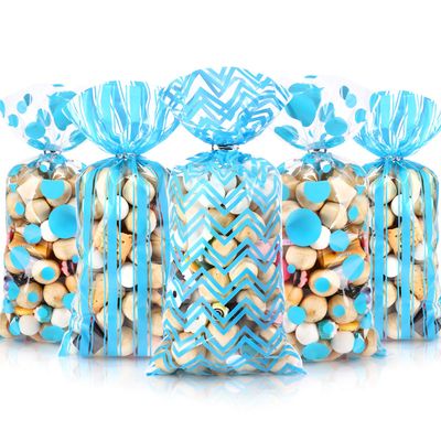 Blulu 105 Pcs Blue Cellophane Gift Bags 10.8 x 5 In Plastic candy bags Cellophane Treat Holder Polka Dot Stripes Goodie Gift Wrapping with Twist Ties for Birthday Baby Showers Weddings Party Supplies