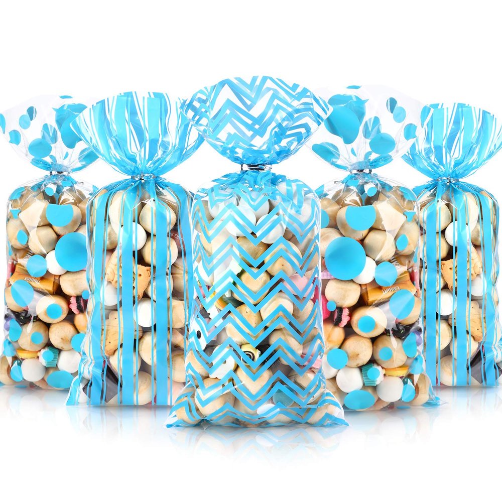 Blulu 105 Pcs Blue Cellophane Gift Bags 10.8 x 5 In Plastic candy bags Cellophane Treat Holder Polka Dot Stripes Goodie Gift Wrapping with Twist Ties for Birthday Baby Showers Weddings Party Supplies