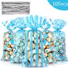 Blulu 105 Pcs Blue Cellophane Gift Bags 10.8 x 5 In Plastic candy bags Cellophane Treat Holder Polka Dot Stripes Goodie Gift Wrapping with Twist Ties for Birthday Baby Showers Weddings Party Supplies view 3