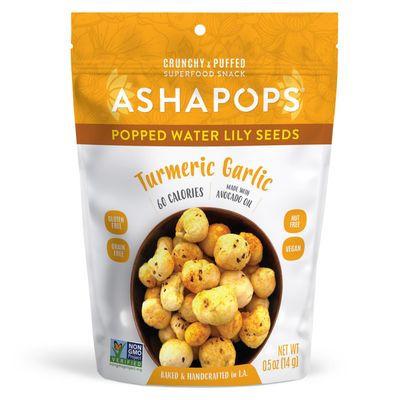 AshaPops Turmeric Garlic Flavored Popped Water Lily Seeds, 0.5 oz (Pack of 1) - Gluten-Free, Vegan, Paleo, Nut-Free, Corn-Free, Soy-Free, Non-GMO, Delicious Plant-Based Crunchy Snack