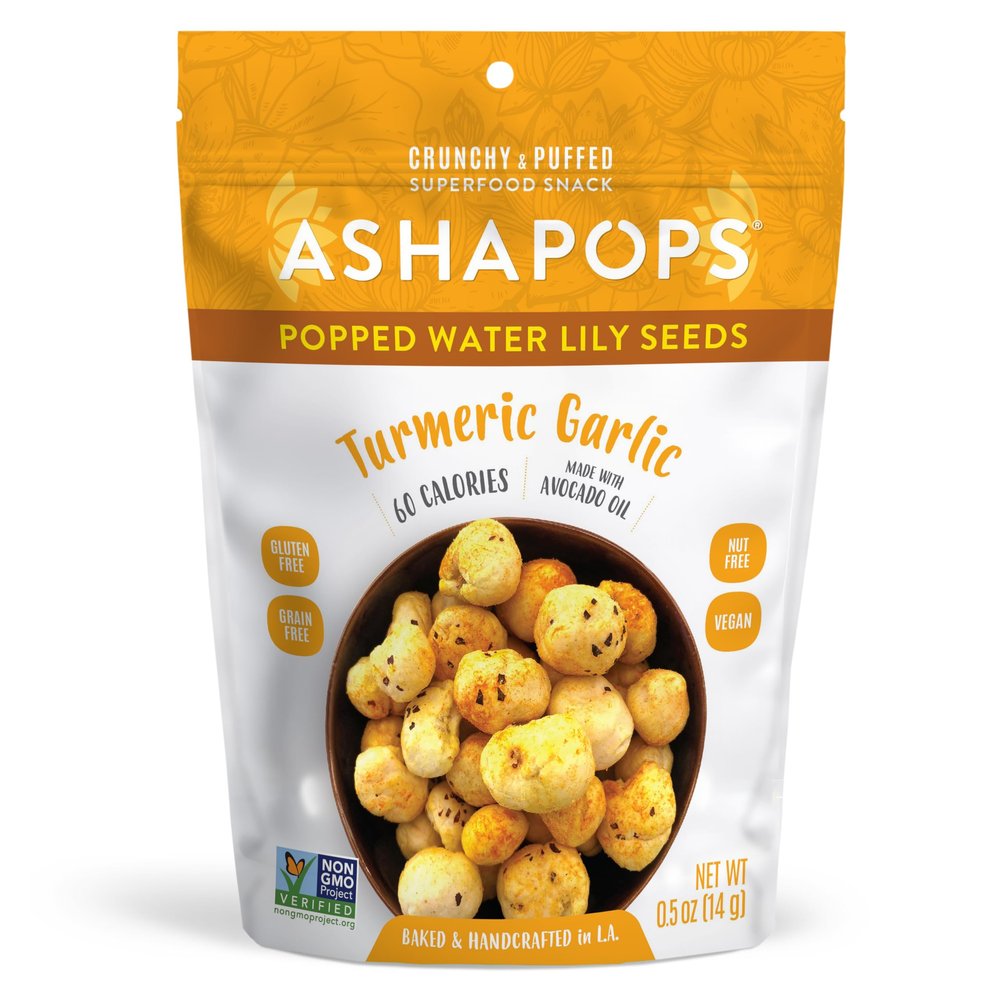 AshaPops Turmeric Garlic Flavored Popped Water Lily Seeds, 0.5 oz (Pack of 1) - Gluten-Free, Vegan, Paleo, Nut-Free, Corn-Free, Soy-Free, Non-GMO, Delicious Plant-Based Crunchy Snack
