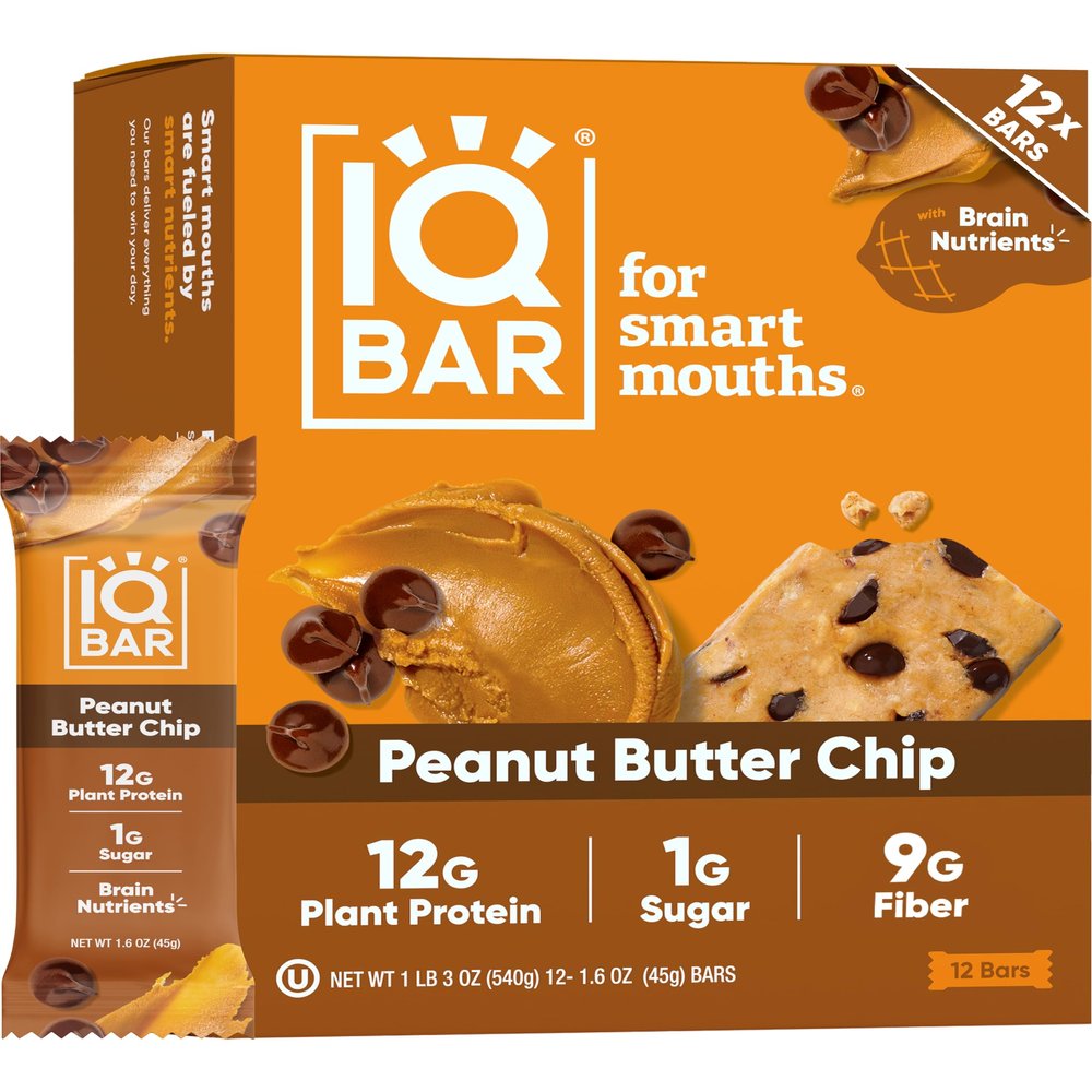IQBAR Brain and Body Plant Protein Bars - Peanut Butter Chip - 12 Count, Low Carb, High Fiber, Gluten Free, Vegan Snacks - Low Sugar Keto Energy Bars