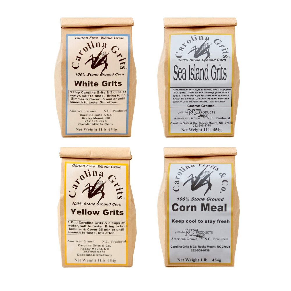 Carolina Grits Company Traditionally Stone Ground Gluten Free Sample Pack, Yellow Grits, White Grits, Sea Island Grits, and Cornmeal, 4-Pack, 4 Pounds Total