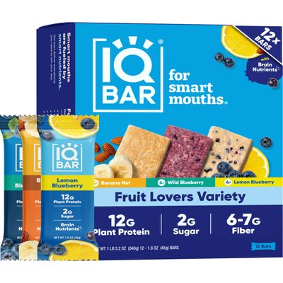 IQBAR Brain and Body Clean Plant Protein Bars - Fruit Lovers Variety - 12 Bars - Keto, Vegan, High Fiber, Gluten and Dairy Free, Low Sugar Snack with Nutrients for Focus, Energy, Meal Replacement