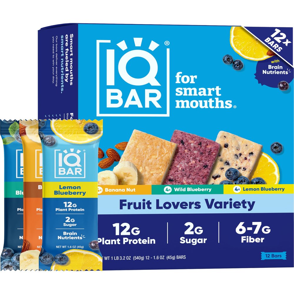 IQBAR Brain and Body Clean Plant Protein Bars - Fruit Lovers Variety - 12 Bars - Keto, Vegan, High Fiber, Gluten and Dairy Free, Low Sugar Snack with Nutrients for Focus, Energy, Meal Replacement