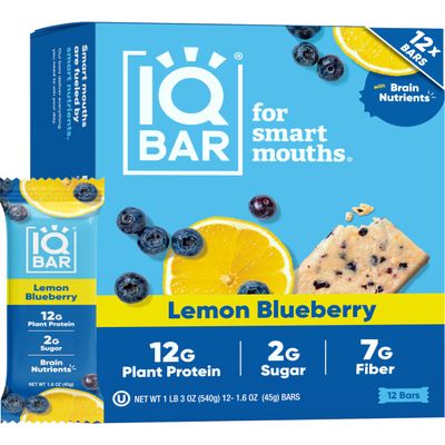 IQBAR Clean Plant Protein Bars - Lemon Blueberry - 12 Count - Keto, Vegan, High Fiber, Gluten and Dairy Free, Low Sugar Snack - Brain and Body Nutrients for Focus, Energy, Meal Replacement