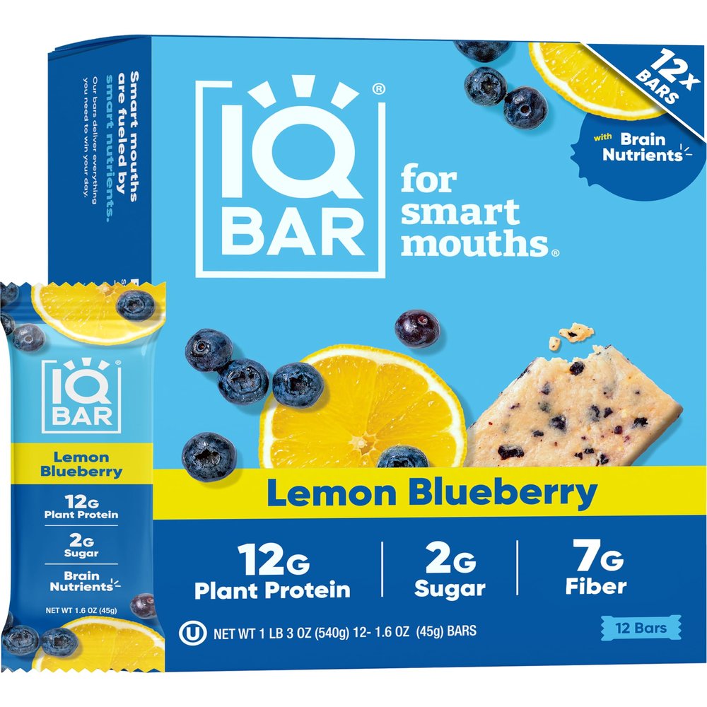 IQBAR Clean Plant Protein Bars - Lemon Blueberry - 12 Count - Keto, Vegan, High Fiber, Gluten and Dairy Free, Low Sugar Snack - Brain and Body Nutrients for Focus, Energy, Meal Replacement