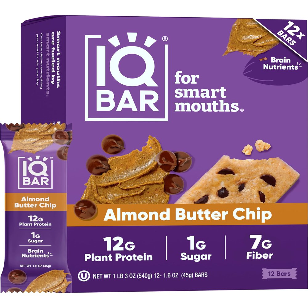IQBAR Clean Plant Protein Bars - Almond Butter Chip - 12 Count - Keto, Vegan, High Fiber, Gluten and Dairy Free, Low Sugar Snack - Brain and Body Nutrients for Focus, Energy, Meal Replacement
