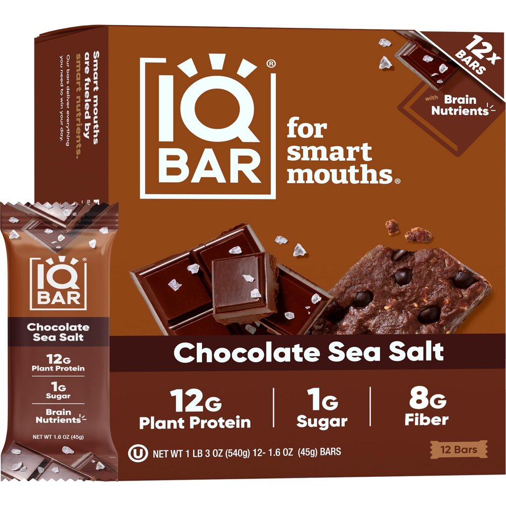 IQBAR Brain and Body Plant Protein Bars - Chocolate Sea Salt - 12-Count Low Carb - Gluten Free, High Fiber, Vegan Snacks - Low Sugar Meal Replacement