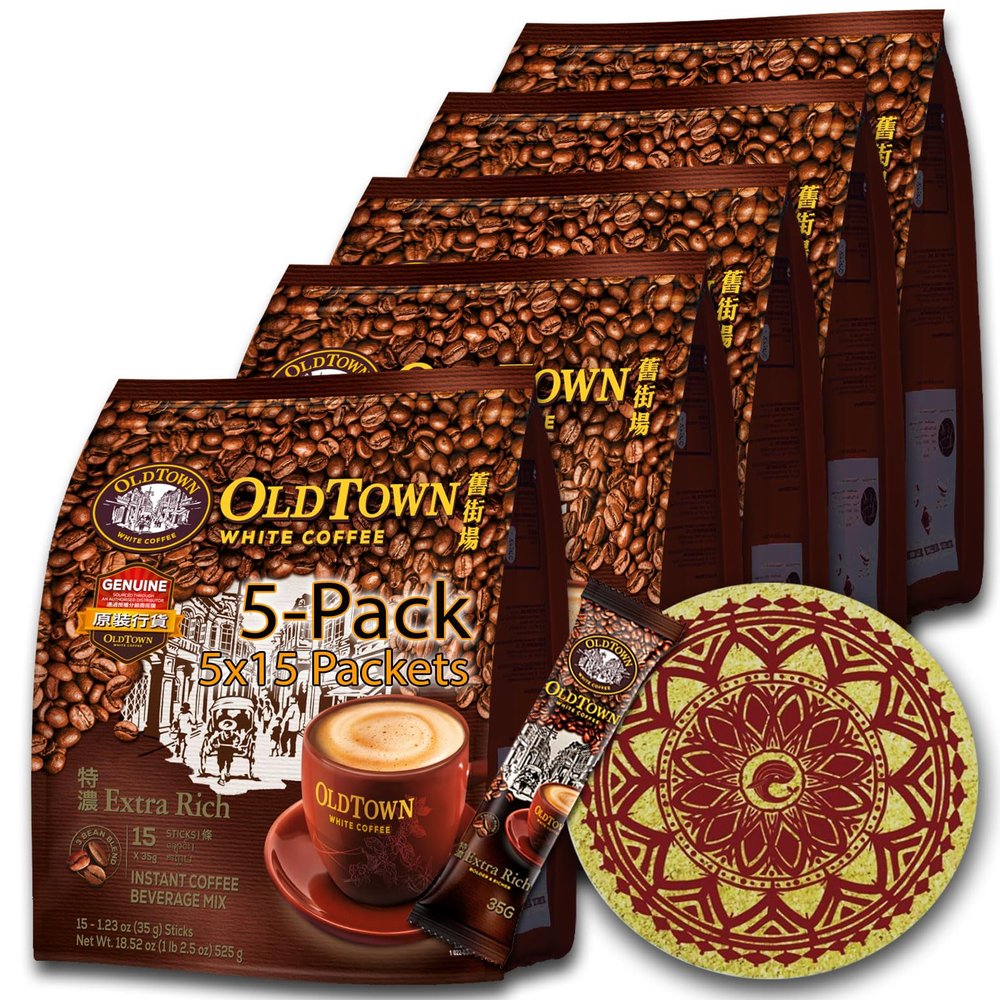 (5-Pack - Extra Rich) OLD TOWN (3 in 1) Extra Rich White Coffee Asian Instant Coffee with a Cork Coaster Coffee Lover, oldtown White Coffee 75 Packets an Extra Random Floavor Old Town Coffee Sample Packet
