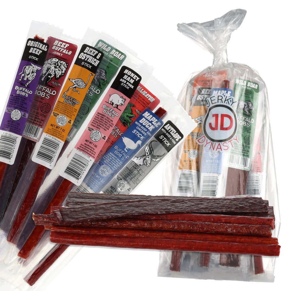 Jerky Dynasty The Ultimate 27-Piece Exotic Jerky Gift Set - Buffalo Bob's Wild Game Jerky Variety Pack - Exclusive Flavors & Protein Snack - Farm-Raised
