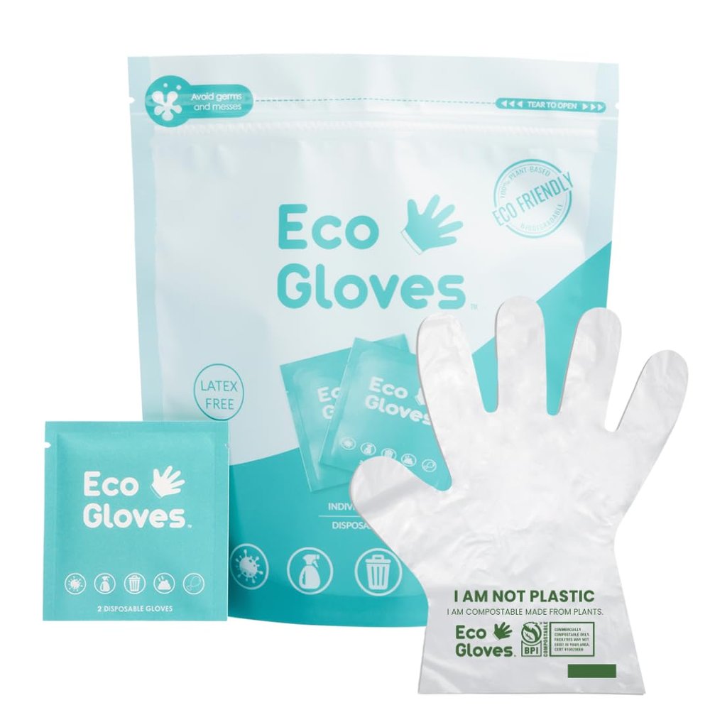 Eco Gloves Individually Packaged Pairs of Compostable Eco-friendly Gloves Latex Free, Powder Free, Plastic Free for Safety, Protection, Cleaning, Food Handling, Pet Care | One Size Fits Most | Clear