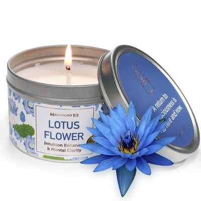 MAGNIFICENT 101 Long Lasting Blue Lotus Flower Scented Candle - 6 Oz - 35 Hour Burn - Paraffin Free, Soy Wax Smudge Candle for Intuition Enhancing - Mental Clarity & Manifestation
