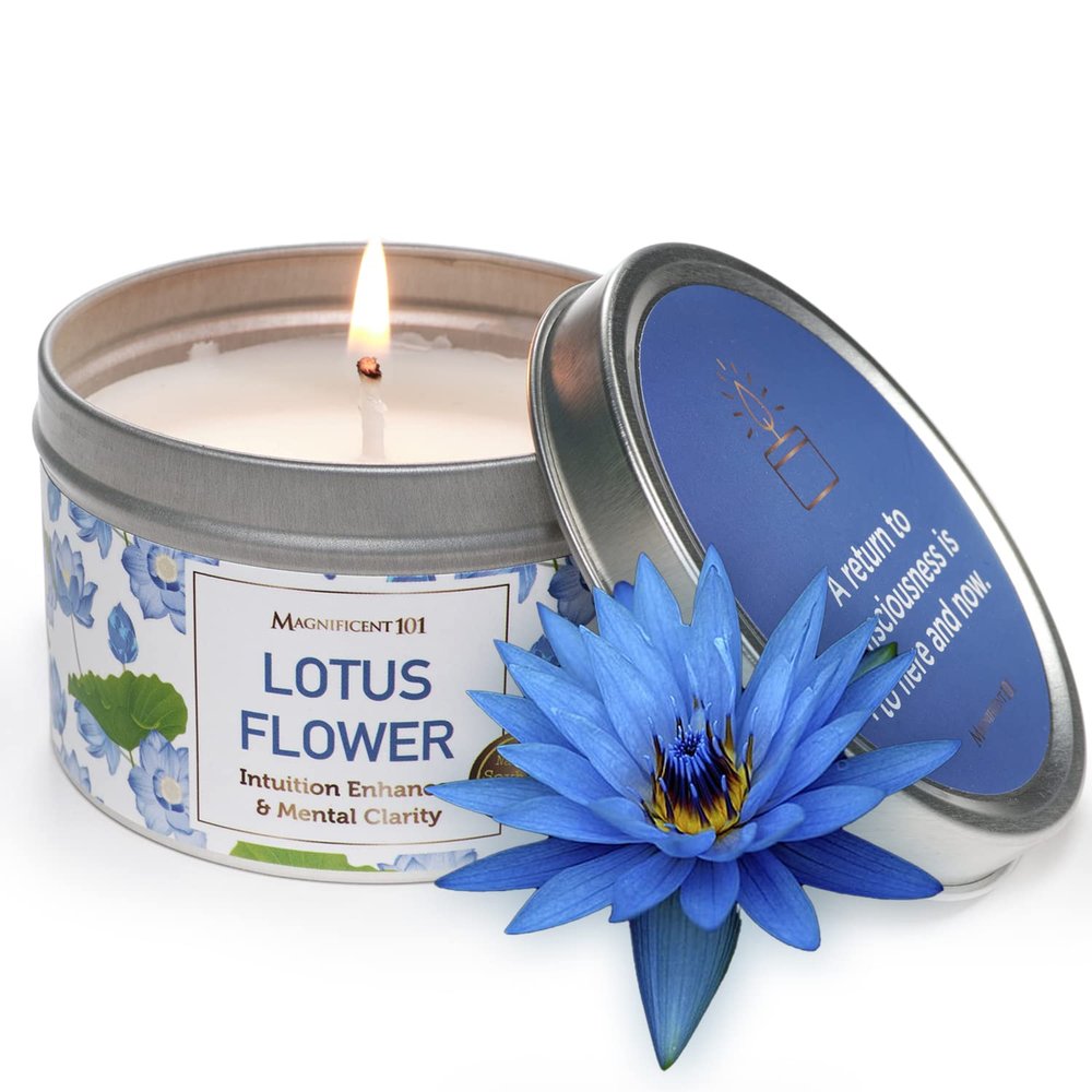 MAGNIFICENT 101 Long Lasting Blue Lotus Flower Scented Candle - 6 Oz - 35 Hour Burn - Paraffin Free, Soy Wax Smudge Candle for Intuition Enhancing - Mental Clarity & Manifestation