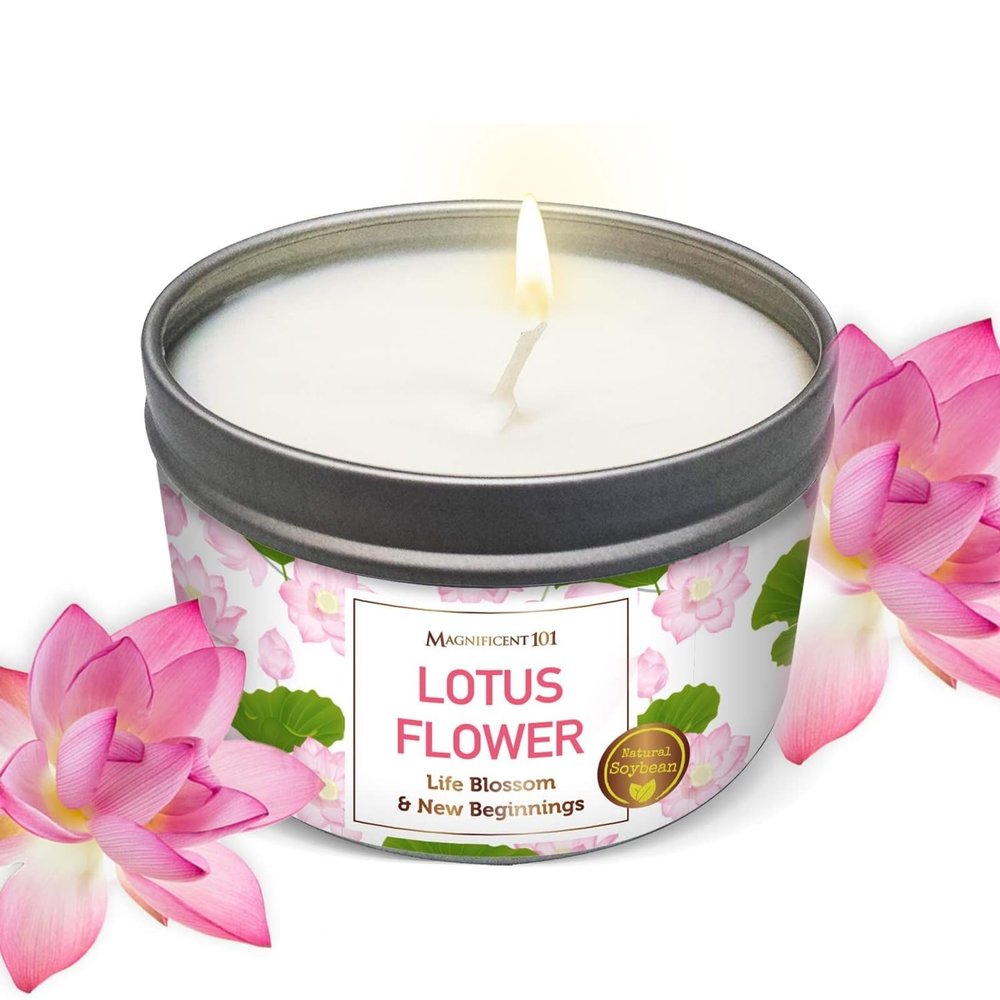 Magnificent 101 Long Lasting Lotus Flower Aromatherapy Candle - 6 Oz - 35 Hour Burn Time - Sage & Bergamot Scented Soy Wax Smudge Candle for New Beginnings, Purification & Manifestation