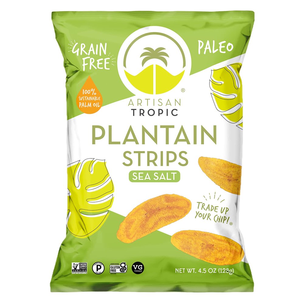 ARTISAN TROPIC Plantain Strips Vegan, Paleo, Gluten Free Chips Whole 30 Approved Foods Non-GMO Healthy Snack for Lunches, Dipping, Parties Baked Banana Chips Sea Salt (4.5 Oz - 12 Pack)