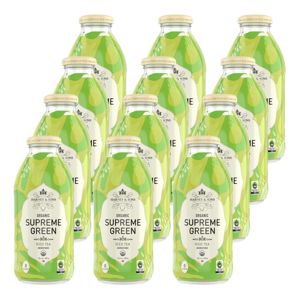 Harney & Sons Organic Supreme Green Unsweetened Iced Tea, Glass Bottles, 16oz bottles (Pack of 12)