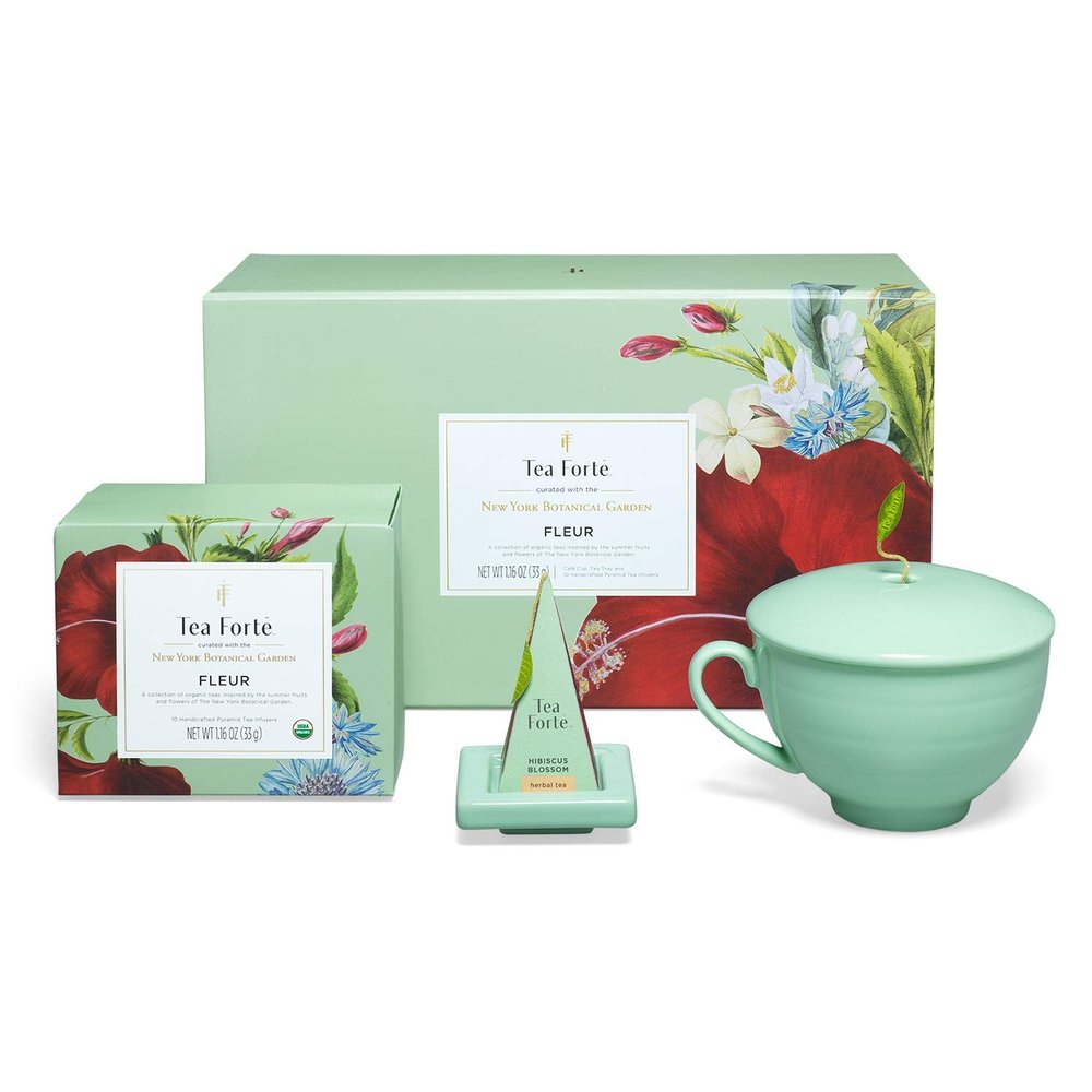 Tea Forte Fleur 3-Piece Premium Tea Gift Set with Pale Mint Green Cafe Cup with Lid, Tea Tray and 10 Assorted 2 of Each Variety Organic Handcrafted Pyramid Infuser Tea Bags