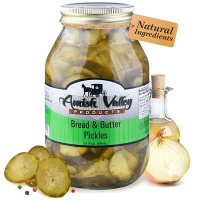 Amish Valley Products Bread and Butter Pickles Glass Quarts All Natural (One Qt Jar - 32oz)