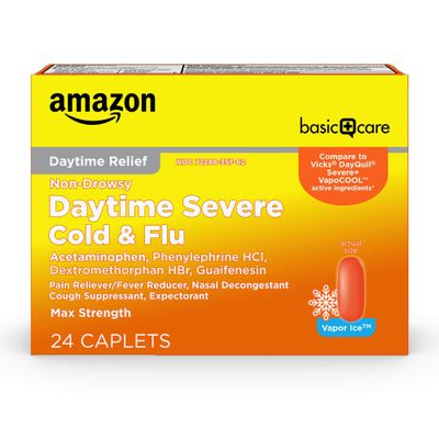Amazon Basic Care Daytime Severe Cold & Flu Relief Caplets, Multi-Symptom Relief for Headache, Fever, Sore Throat, Chest & Nasal Congestion, Vapor Ice, 24 Count