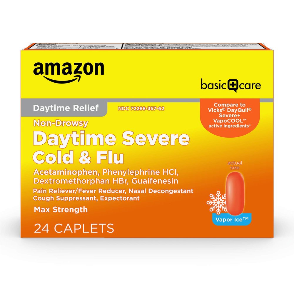Amazon Basic Care Daytime Severe Cold & Flu Relief Caplets, Multi-Symptom Relief for Headache, Fever, Sore Throat, Chest & Nasal Congestion, Vapor Ice, 24 Count