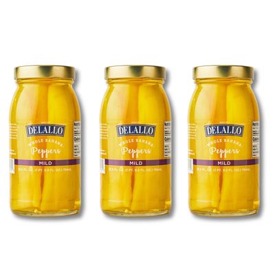 DeLallo Mild Whole Banana Peppers, Crunchy Texture, Tangy Flavor, Grown and Harvested in USA, 100% Cured without Heat, Non-GMO, Vegan, Gluten-Free, 25.5 oz Jar, (3 Pack)
