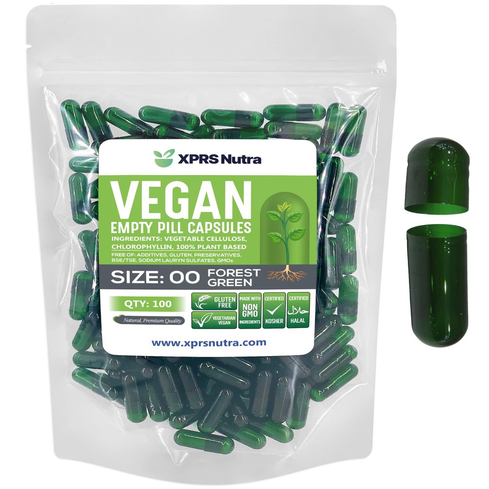 XPRS Nutra Size 00 Empty Capsules - 100 Count Empty Vegan Capsules - Vegetarian Empty Pills - DIY Vegetable Capsule Filling- Veggie Pill Caps (Forest Green)