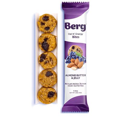 Berg Bites Plant-Based Almond Butter & Jelly Bites, Vegan, Gluten-Free, 6g Protein, 5g Fiber, Energy Snack Box - Clean Energy Healthy Snack Bar - 1.5oz (8 Pack)