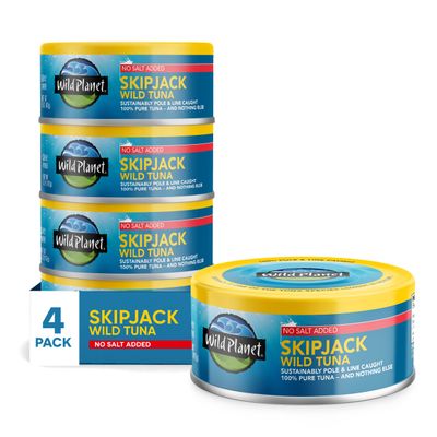 Wild Planet Skipjack Wild Tuna, No Salt Added, Canned Tuna, Sustainably Wild-Caught, Pole & Line, Non-GMO, Kosher, 5 oz, Pack of 4, Packaging May Vary