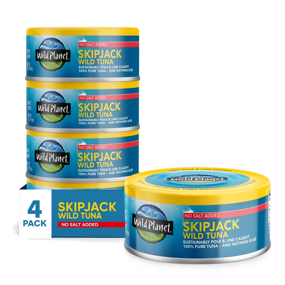 Wild Planet Skipjack Wild Tuna, No Salt Added, Canned Tuna, Sustainably Wild-Caught, Pole & Line, Non-GMO, Kosher, 5 oz, Pack of 4, Packaging May Vary