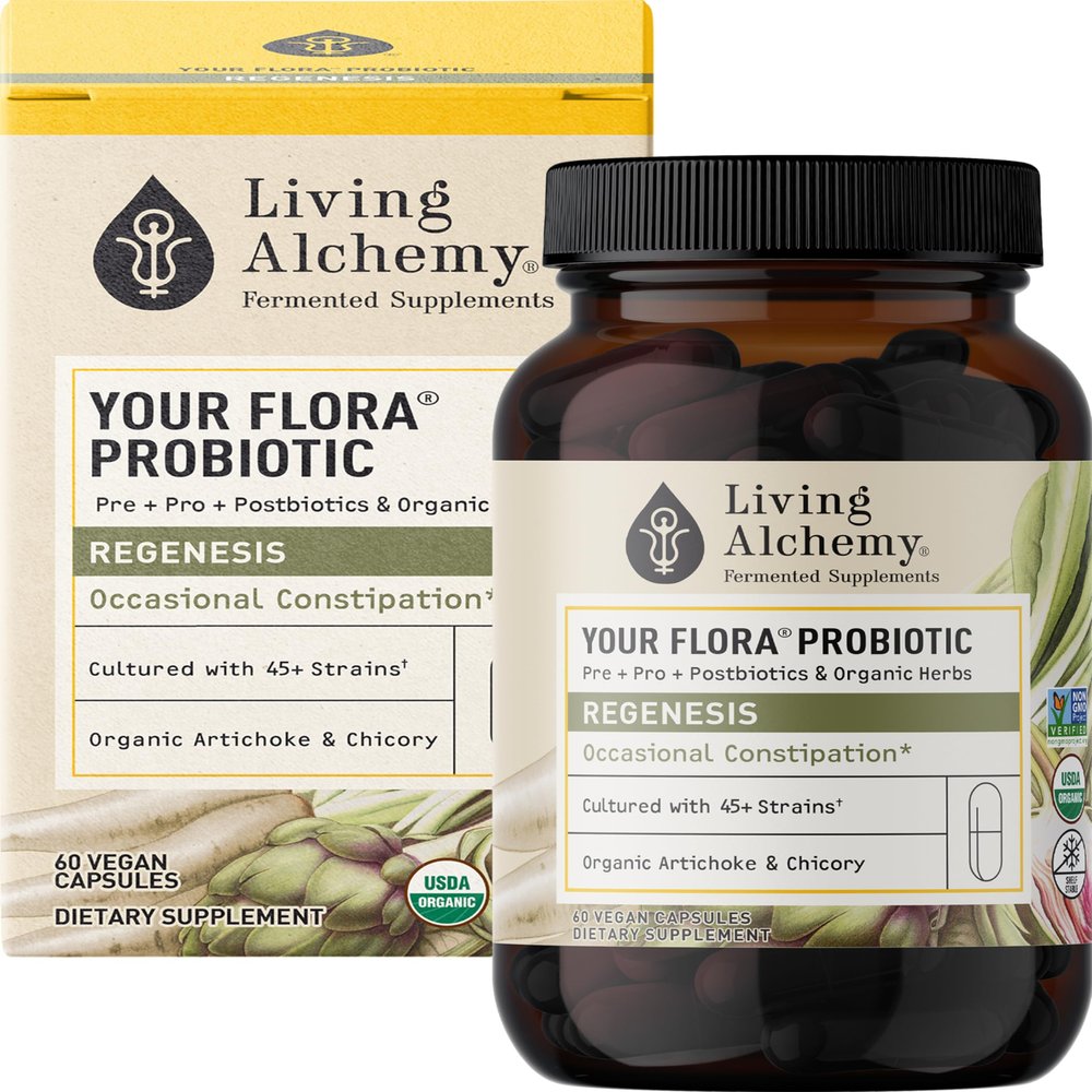 Your Flora Probiotic Regenesis Non-GMO Probiotics with Fermented Soybean, Artichoke, & Chicory for Gut Wellness & Bowel Support Prebiotics, Postbiotics, Digestive Enzymes Living Alchemy, 60 Pcs