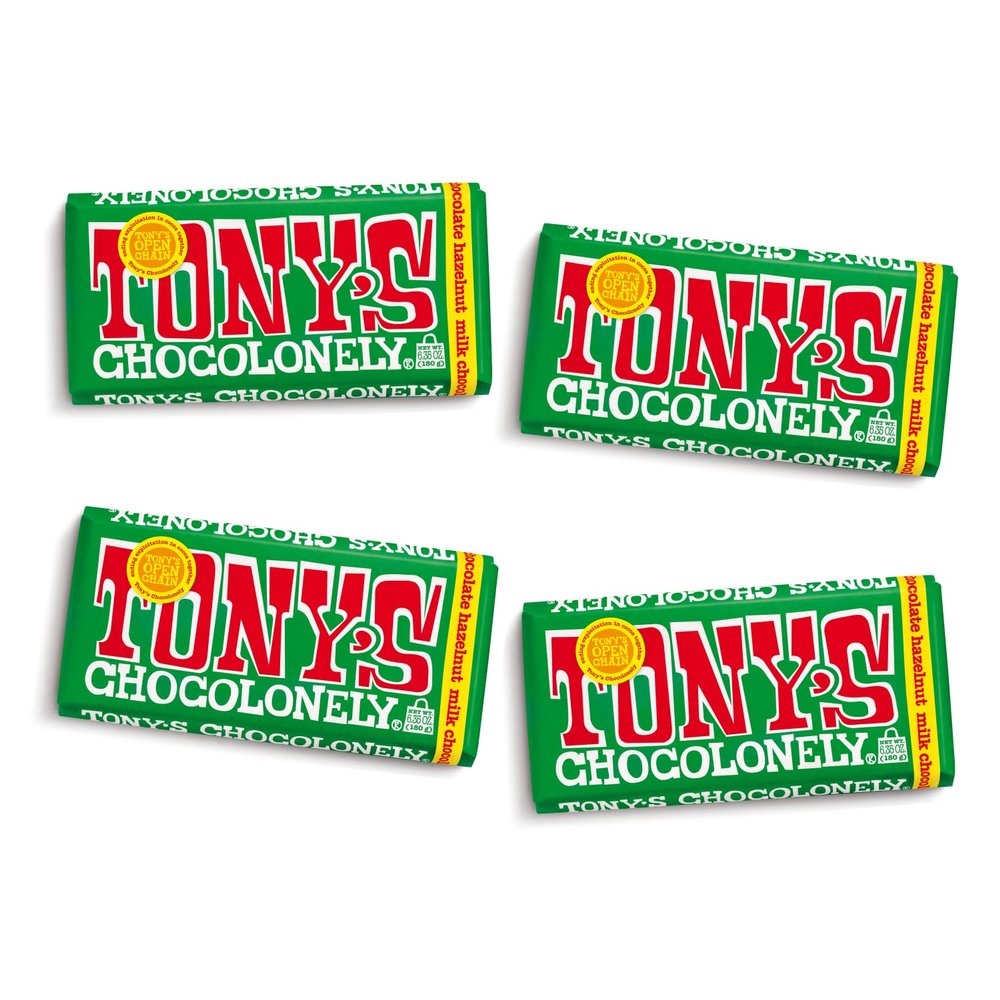 Tonys Chocolonely Belgian Milk Chocolate Hazelnut Candy Bar for Snacks, Chocolate Bars for Party Favors, Gifts, or Gift Basket, 32% Cacao, Made From Quality Fairtrade Cocoa, 4 Bars, 6.35 Oz Each