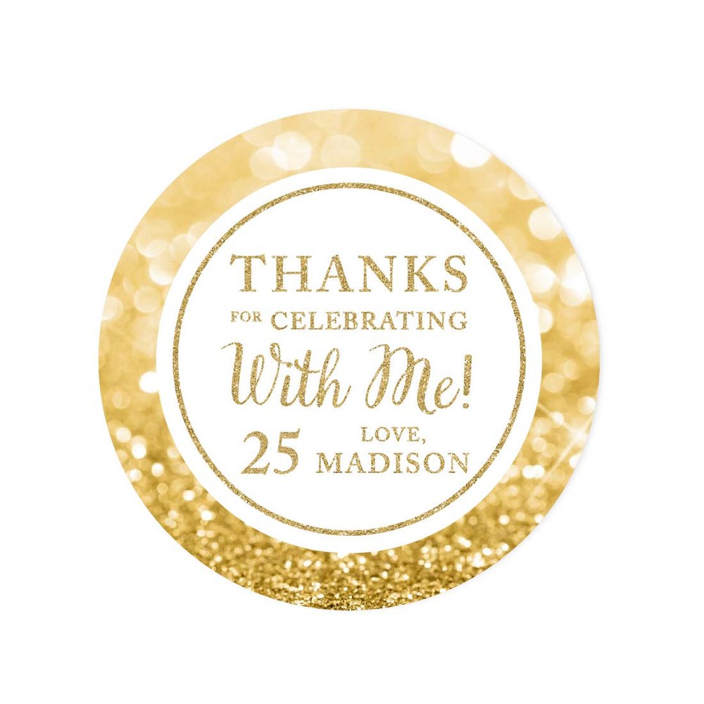 Andaz Press Personalized Glitzy Faux Gold Glitter Round Sticker Labels, Thanks for Celebrating with Me 25, 25th Birthday or Anniversary, 40-Pack, Custom Name