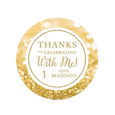 Andaz Press Personalized Glitzy Faux Gold Glitter Round Sticker Labels, Thanks for Celebrating with Me 5, 5th Birthday or Anniversary, 40-Pack, Custom Name