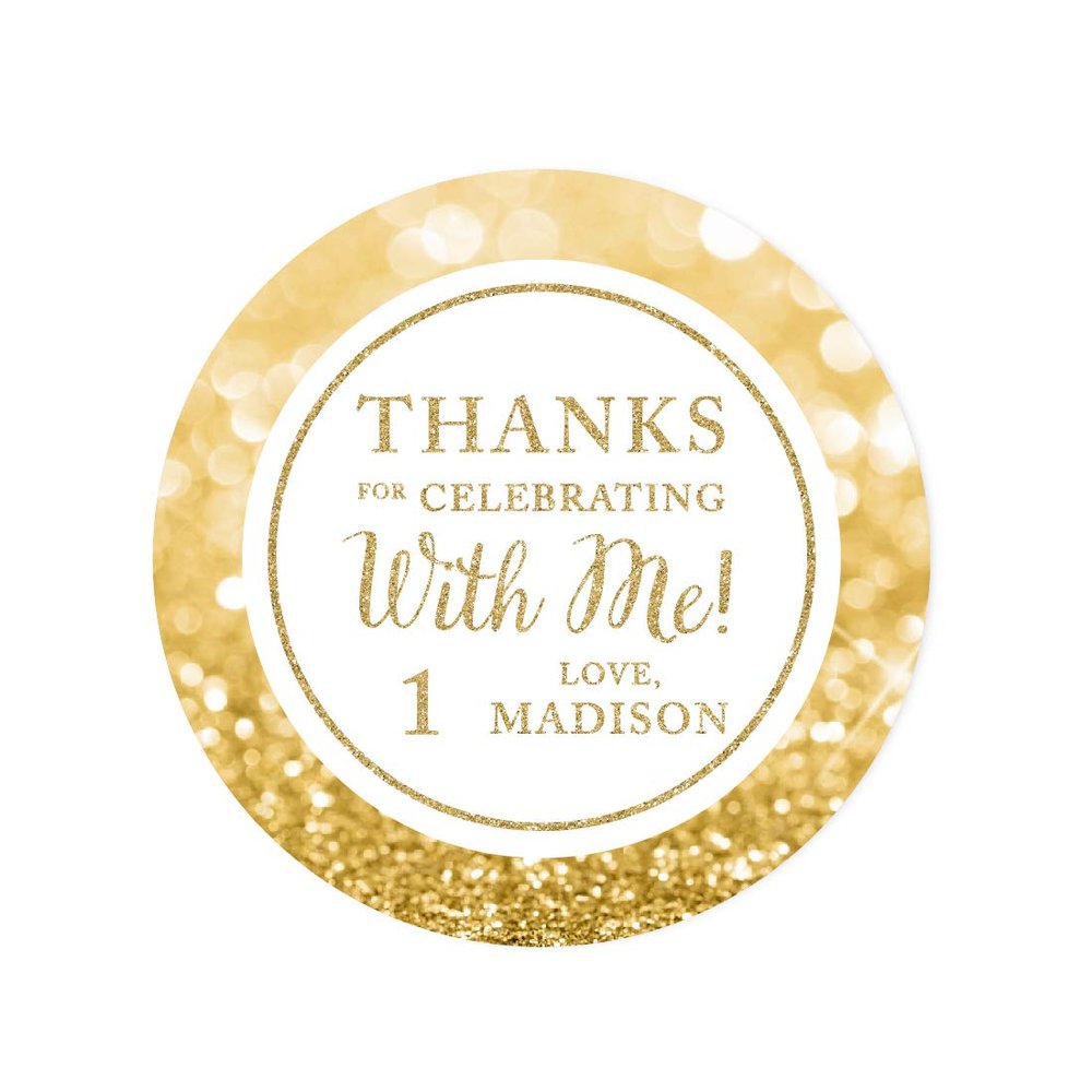 Andaz Press Personalized Glitzy Faux Gold Glitter Round Sticker Labels, Thanks for Celebrating with Me 5, 5th Birthday or Anniversary, 40-Pack, Custom Name