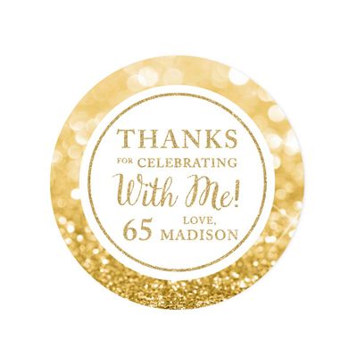 Andaz Press Personalized Glitzy Faux Gold Glitter Round Sticker Labels, Thanks for Celebrating with Me 65, 65th Birthday or Anniversary, 40-Pack, Custom Name
