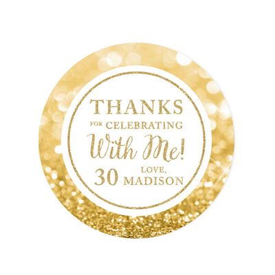 Andaz Press Personalized Glitzy Faux Gold Glitter Round Sticker Labels, Thanks for Celebrating with Me 30, 30th Birthday or Anniversary, 40-Pack, Custom Name