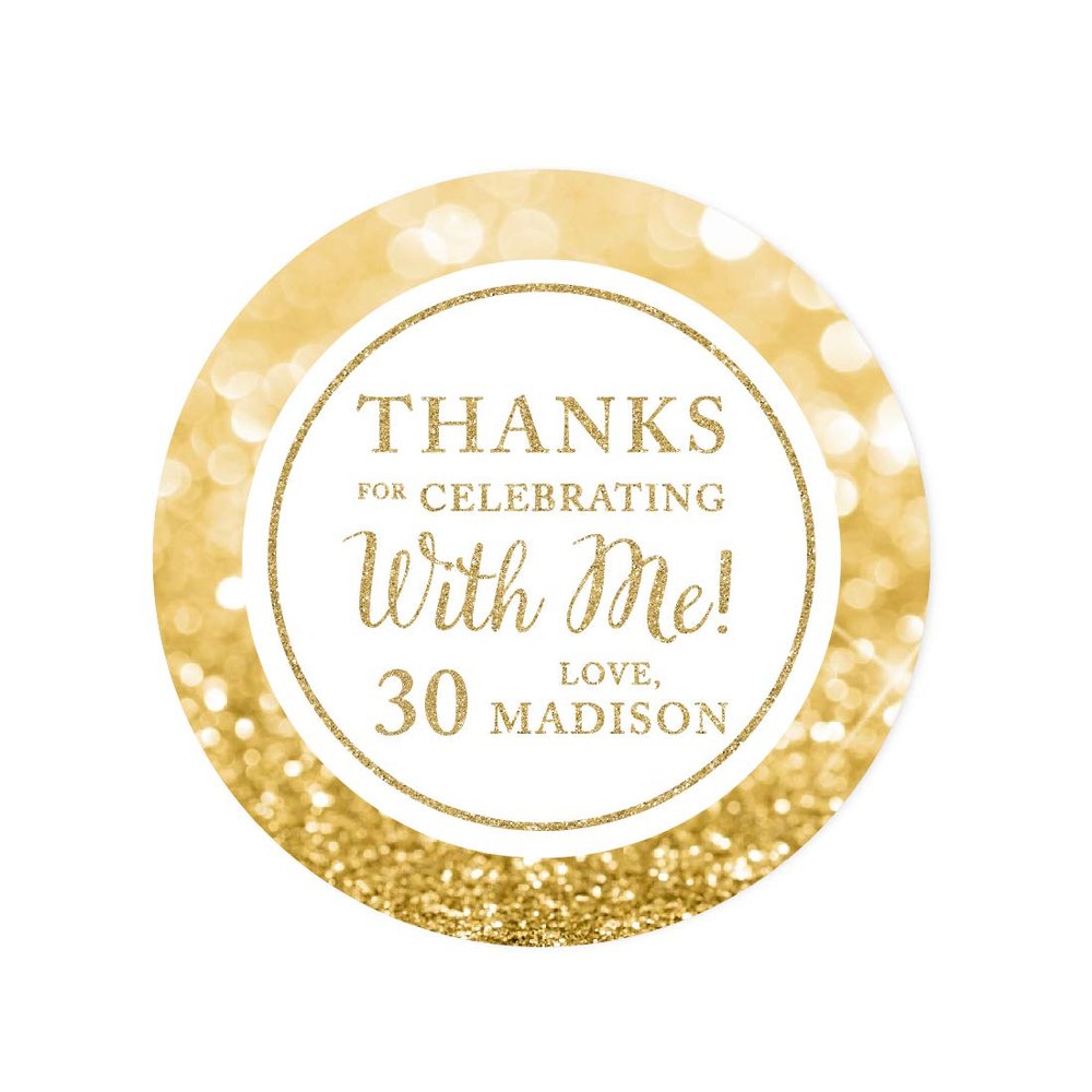 Andaz Press Personalized Glitzy Faux Gold Glitter Round Sticker Labels, Thanks for Celebrating with Me 30, 30th Birthday or Anniversary, 40-Pack, Custom Name