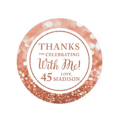 Andaz Press Personalized Glitzy Faux Rose Gold Glitter Round Sticker Labels, Thanks for Celebrating with Me 45, 45th Birthday or Anniversary, 40-Pack, Custom Name