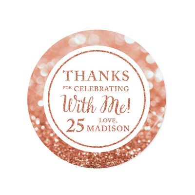Andaz Press Personalized Glitzy Faux Rose Gold Glitter Round Sticker Labels, Thanks for Celebrating with Me 25, 25th Birthday or Anniversary, 40-Pack, Custom Name